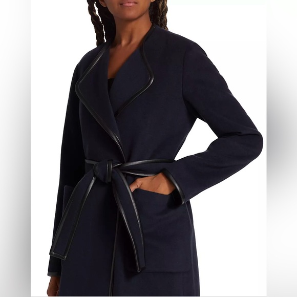 Elie Tahari Faux Leather-Trimmed Cashmere Wool Blend Wrap Coat Navy XL Womens - Picture 6 of 15